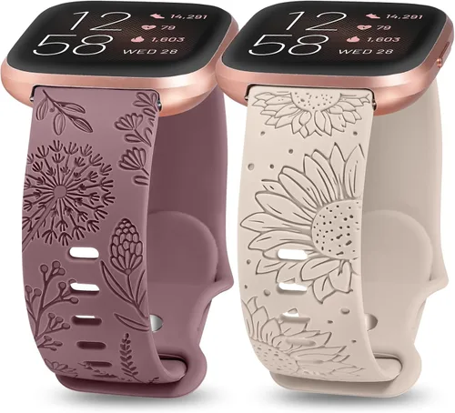 Vista 9 de Paquete de 2 correas con grabado floral compatibles con Fitbit Versa 2/Fitbit Versa/Versa Lite para mujeres, linda correa deportiva de silicona