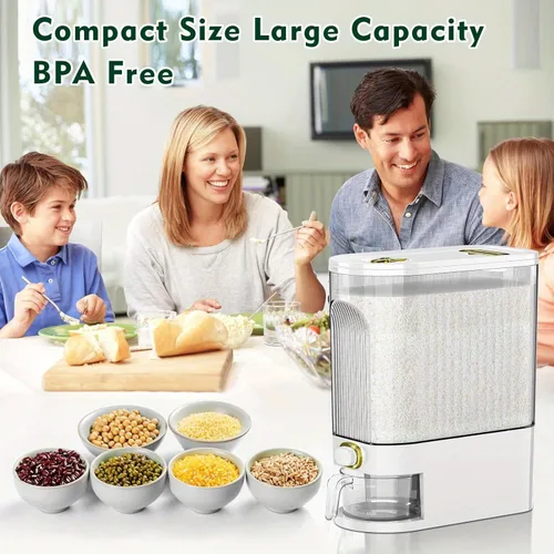 Vista 3 de Dispensador de arroz de 11.0 lbs/22.0 lbs – Contenedor grande de almacenamiento de despensa con taza medidora y marcas de tiempo Dispensador