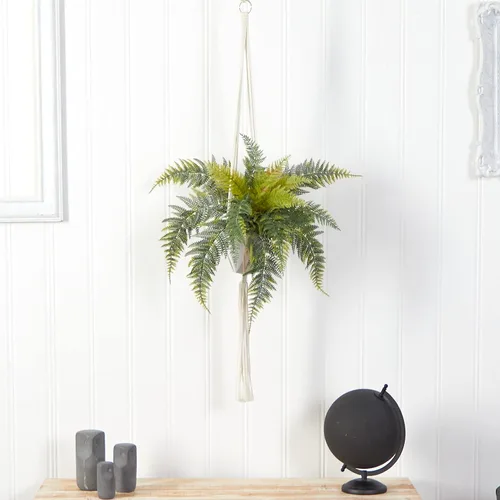 Vista 3 de Nearly Natural Planta artificial colgante de helecho de 25 pulgadas en cesta decorativa