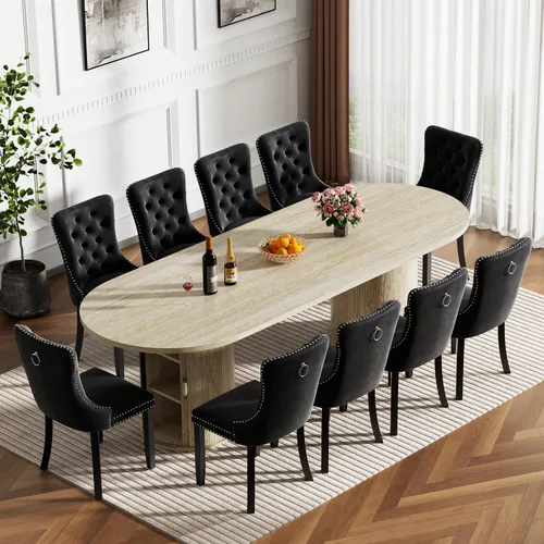 Vista 32 de Mesa de comedor redonda extensible con base de almacenamiento, mesa de comedor expandible natural de 63 a 94 pulgadas para 10 personas, mesa