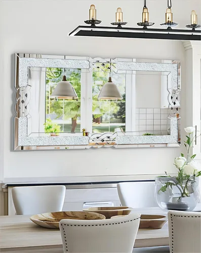 Vista 11 de Espejo de diamante triturado plateado: decoración rectangular de pared 35.4 x 23.6 pulgadas Espejo decorativo de lujo con espejo de cristal