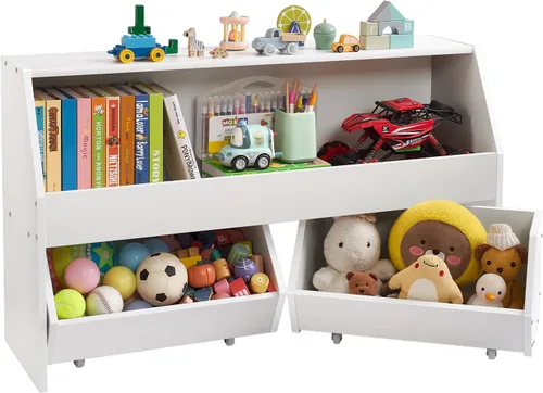 Vista 12 de VEVOR Estantería de madera para niños de 4 niveles, organizador de almacenamiento de juguetes para niños pequeños, estante de libros