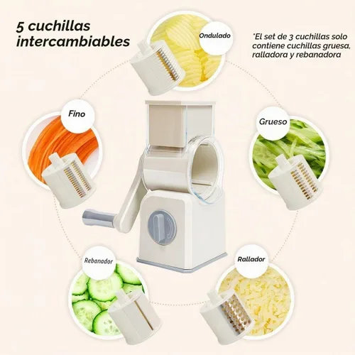 Vista 6 de Rallador giratorio de queso con manivela, trituradora multiusos con 3 cuchillas intercambiables de acero inoxidable para triturar, rebanar y rallar