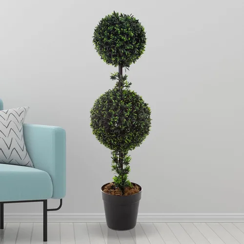 Vista 4 de Juego de 2 árboles topiarios – 36 pulgadas de doble bola podocarpus plantas falsas – Plantas artificiales realistas en macetas para interiores