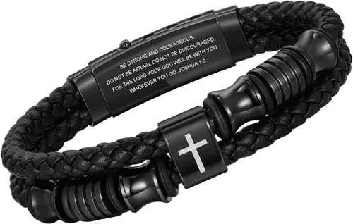 Vista 22 de TempBeau Pulsera de cuero negro cristiano para hombres, pulsera de cuero trenzado de doble fila con cruz de fe para hombres, regalo de joyería