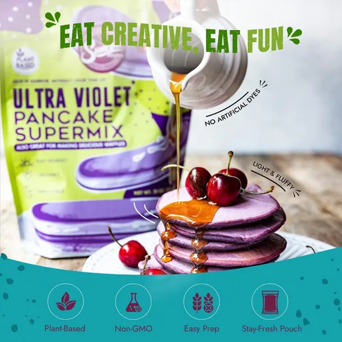 Vista 5 de Suncore Foods Mezcla ultra violeta para panqueques y waffles, 20 onzas, a base de plantas, vegana Mezcla natural para panqueques, gofres y crepé