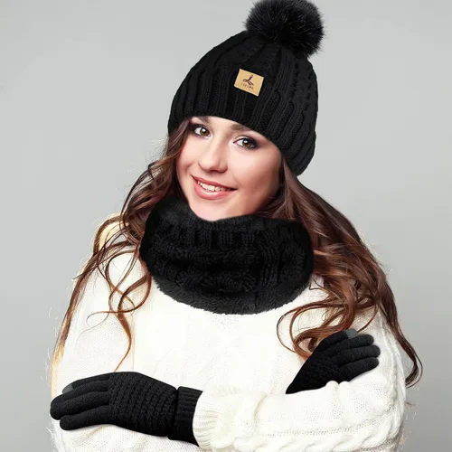 Vista 6 de Winter Beanie Hat Scarf Gloves Set, Soft Fleece Knit Hat Warm Touchscreen Gloves Neck Warmer Thick Scarves Gifts for Women