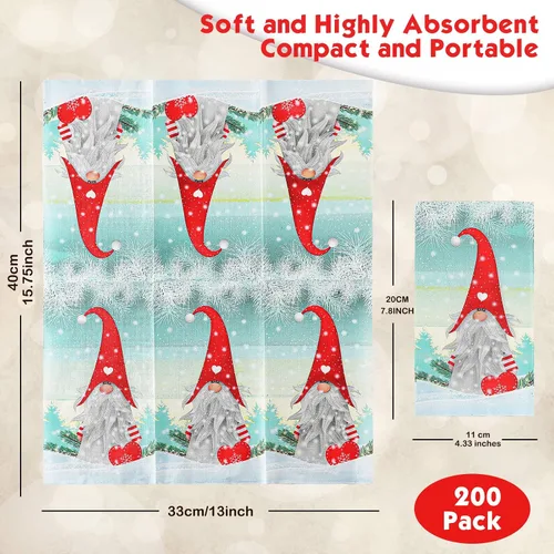 Vista 3 de 200 servilletas de Navidad para invitados, gnomos, toalla de mano desechable de Navidad para baño, papel para el hogar, Navidad, invierno
