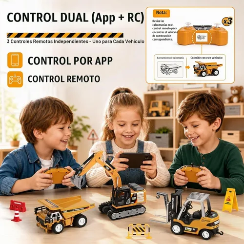 Vista 3 de YESHIN Vehículos de construcción a control remoto, 3 piezas de mini aleación de control remoto a escala 1:64 con caja de arena, camino programable