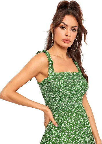 Vista 3 de SheIn - Vestido drapeado midi con tirantes sin mangas y estampado floral, con volantes, acampanado