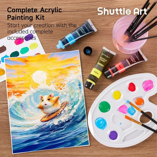 Vista 5 de Juego de pintura acrílica de 30 colores Shuttle Art, tubos de 36 ml con 3 pinceles, pintura acrílica de grado artista, para niños, adultos
