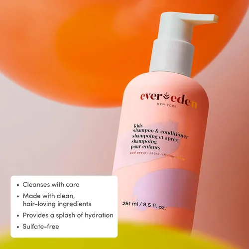 Vista 2 de Evereden Mini Kids Shampoo and Conditioner 2 en 1: Melocotón fresco, 1.7 fl oz. Vegano y cuidado suave para niños Champú y acondicionador