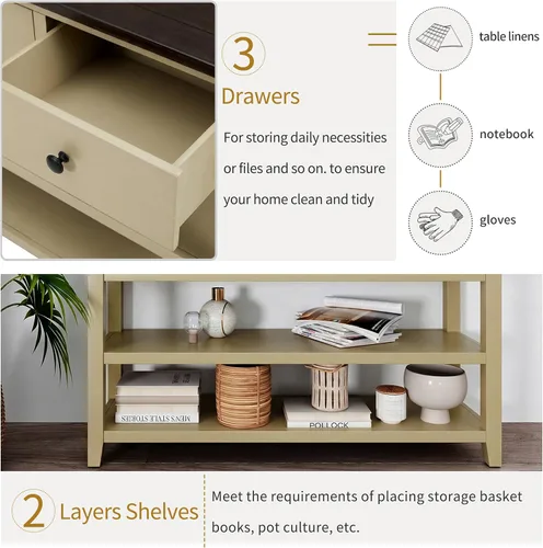 Vista 5 de Knocbel Rustic Entryway Console Table with 3 Storage Drawers and Open Shelves, Entry Hallway Foyer Behind Sofa Couch Long Table, Easy Assembly (Tan)