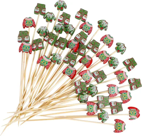 Vista 10 de KIMOBER 160 palillos de cóctel de Navidad, varios palillos de dientes de frutas de bambú para alimentos, aperitivos, bebidas, decoración de pasteles
