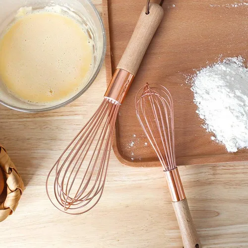 Vista 4 de Batidor de huevo Batidor HEITIGN Mango de madera Batidor de acero inoxidable Batidor de huevos, herramientas de cocina para mezclar oro rosa