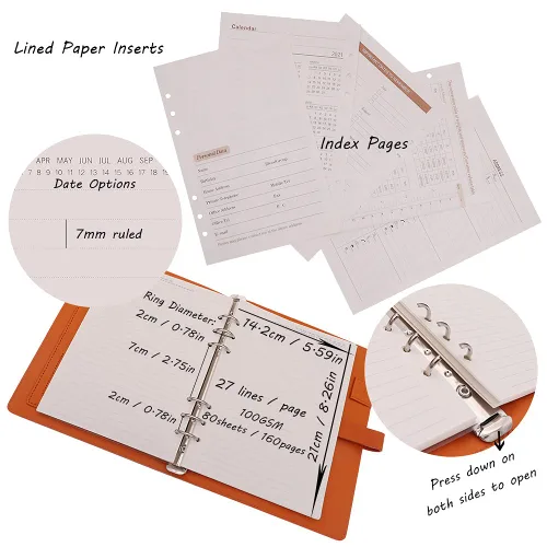 Vista 4 de HXRTANGS A5 Refillable Notebook, Ring Binder Journal Personal Organizer with Lined Paper + Planner Stickers + Subject Dividers + Index Tabs +