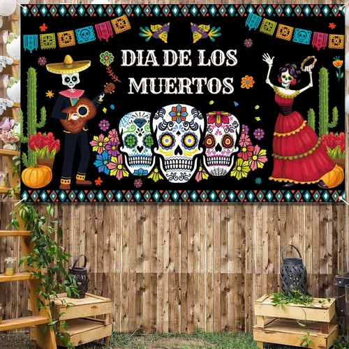 Vista 6 de Decoraciones del Día de los Muertos, telón de fondo de pancarta del día de los muertos, fondo de fotografía de flores de calavera de azúcar
