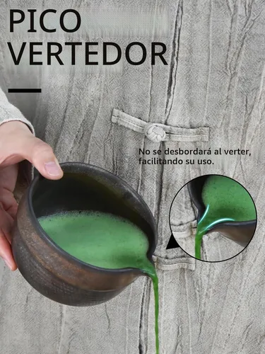 Vista 3 de Artcome Juego de té Matcha de lujo – Kit japonés de 4 piezas con tazón rústico de cerámica esmaltada en negro y asa, batidor de bambú, soporte