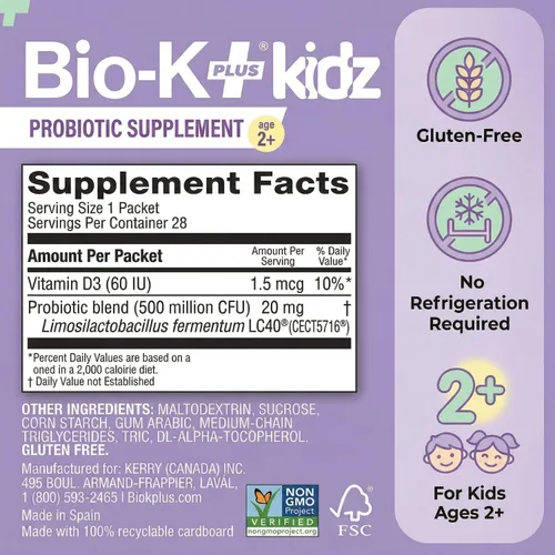 Vista 8 de Bio-K+ Kidz - Polvo probiótico para niños con vitamina D3, estable en el estante, sin OMG, sin gluten, 28 paquetes de una sola porción