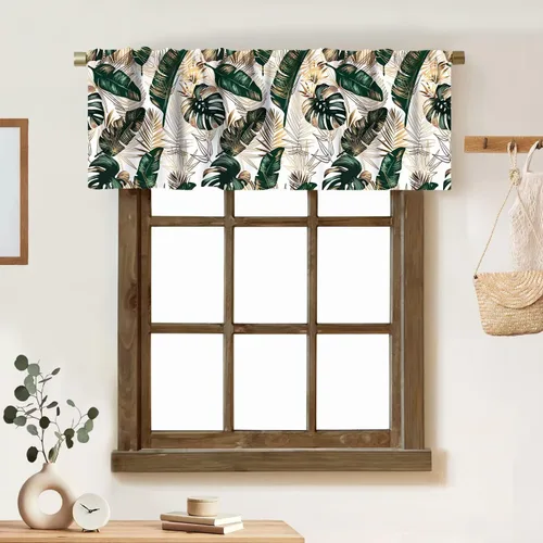 Vista 22 de Cortina de cenefa de hojas verdes tropicales, diseño de hojas de palmera, cenefa con bolsillo para barra, 1 panel, cortinas cortas para cocina