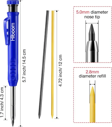 Vista 3 de Hiboom Paquete de 2 lápices de carpintero sólidos con 14 repuestos, marcador mecánico de punta larga con afilador integrado para carpintero