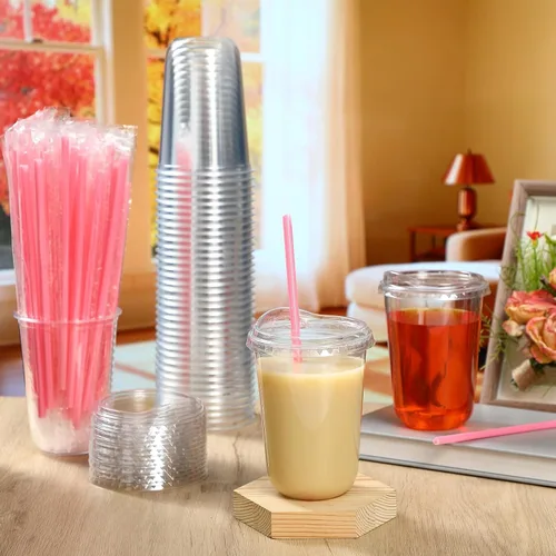 Vista 2 de Ziliny 25 juegos de vasos de plástico con pajitas y tapas de corazón rosa