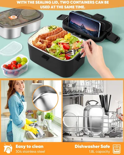Vista 5 de Eocolz Fiambrera eléctrica calentador de alimentos de 100 W, calentador de alimentos con doble contenedor, 1.8 L, lonchera portátil con calefacción