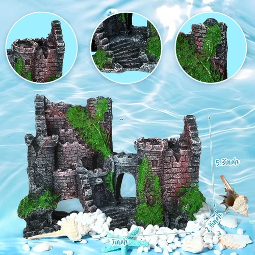 Vista 3 de Wenqik Decoraciones de Acuario Grandes, Naufragio Hundido de Resina, Cofre del Tesoro Submarino, Ruinas de Castillo Antiguo Túnel Casa, Plantas