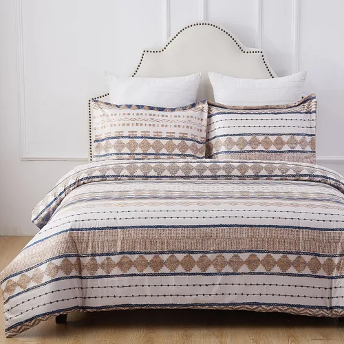 Vista 6 de Vaulia Funda de edredón de microfibra tamaño King, 3 piezas de ropa de cama con patrón geométrico de rayas beige para todas las estaciones con 1