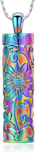 Vista 11 de Imrsanl Collar de urna de cremación cilíndrica para cenizas, urna de girasol, collar con colgante para hombres y mujeres, joyería conmemorativa