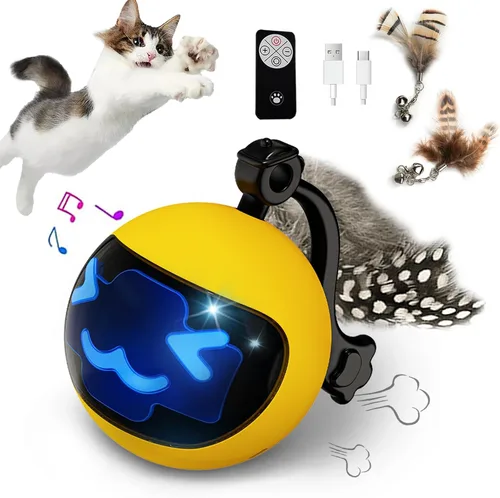 Vista 8 de Pelota móvil para gatos con cola de plumas, juguete interactivo recargable 2025 con control remoto para ejercicios de gatos de interior, bola