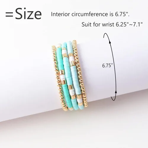 Vista 2 de Pulseras de cuentas de arcilla estilo heishi surfista para mujer, con discos de vinilo y dije de mal de ojo, apilables, pulseras elásticas