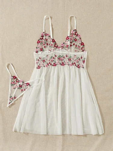 Vista 4 de OYOANGLE Conjuntos de lencería de 2 piezas con bordado floral de malla transparente de encaje para mujer brasier y bragas con aros