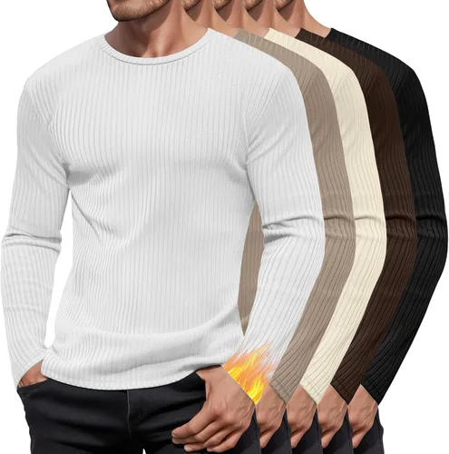 Vista 12 de Paquete de 5 camisas térmicas de algodón para hombre, manga larga, acanaladas, cuello redondo, ajustadas, suéter casual
