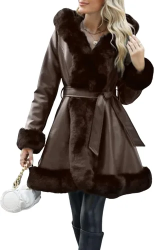 Vista 10 de Bellivera Women's Faux Leather Jacket Furry Trim Parka Coat Negro