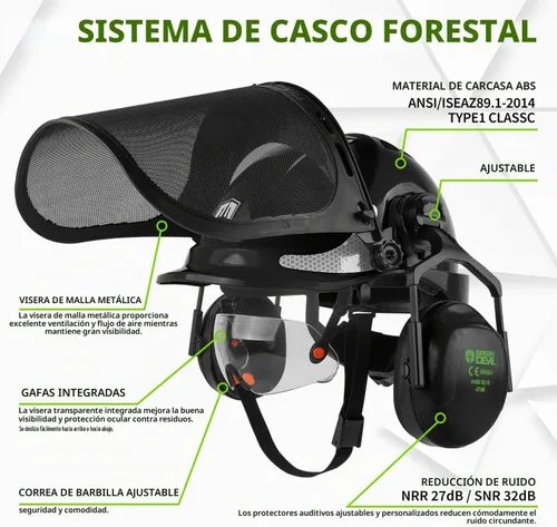 Vista 2 de GREEN DEVIL Casco protector de seguridad para motosierra, casco forestal con visera integrada de malla, protector facial de malla, orejeras 4 en 1