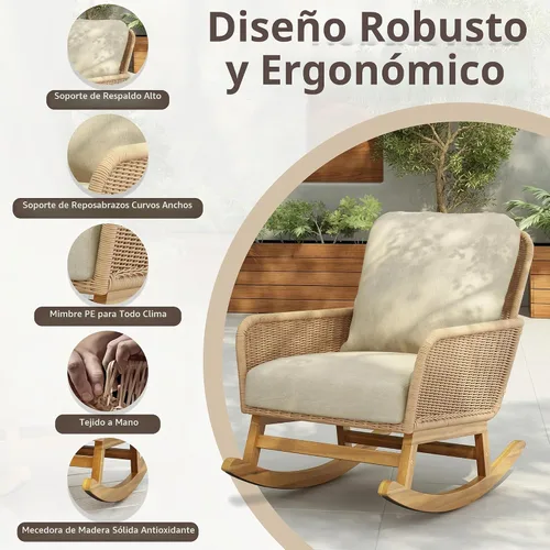 Vista 3 de Christopher Knight Home Nadine Mecedora de Patio, Mecedora de Mimbre, Mecedora de Patas de Madera, Silla de Mimbre de Ratán PE, Mecedora con Beige