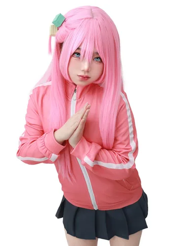 Vista 2 de C-ZOFEK Gotou Hitori Peluca larga recta rosa Cosplay (rosa)