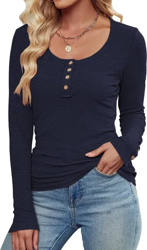 Vista 2 de Hount Camisetas casuales de manga larga para mujer, ajustadas, con botones, estilo Henley, básicas, de punto acanalado, lisas, para otoño