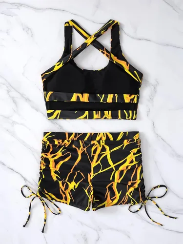 Vista 2 de OYOANGLE Traje de baño de 2 piezas con estampado tropical cruzado y cordón para mujer