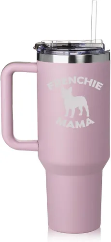 Vista 2 de Daylor Vaso de 40 onzas con asa y tapa con pajilla, taza de viaje aislada de acero inoxidable, taza de viaje Frenchie Mama French Bulldog (negro)