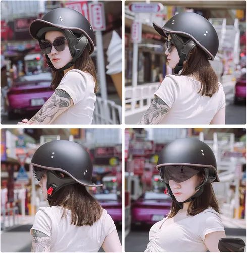 Vista 8 de Hanhua Medio casco de motocicleta para adultos, hombres y mujeres, casco de calavera de cara abierta vintage, aprobado por DOT/ECE, AVT Cruiser