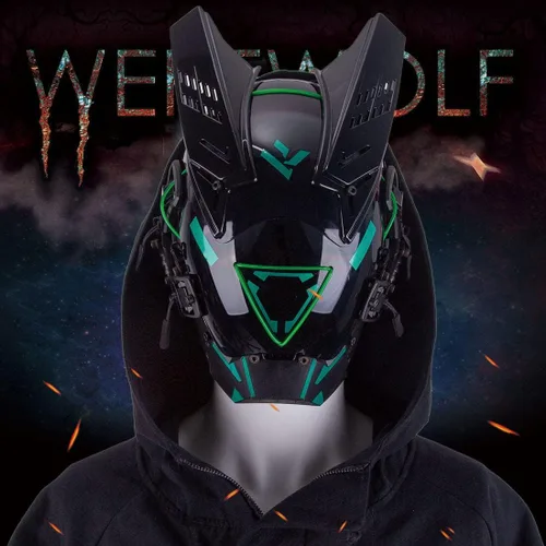 Vista 9 de DECI Casco punk gótico, máscara de cosplay con luz, futurista para máscara Cyber Punk, fiesta de Halloween para hombres y niños