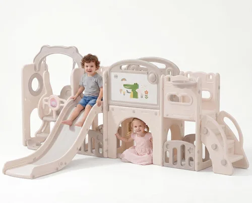 Vista 11 de Conjunto de juegos al aire libre 12 en 1 para niños pequeños con columpio, columpio interior y conjunto de tobogán, parque de juegos para niños