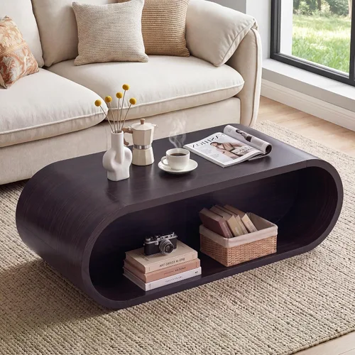 Vista 9 de Mesa auxiliar ovalada de 43.3 pulgadas con almacenamiento, mesa de centro acanalada con parte superior elevable, mesa central moderna de mediados
