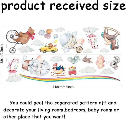 Vista 2 de SUPERDANT Divertidos calcomanías de pared de animales para fiestas, vinilo de oso de ratón, globos aerostáticos, nubes, arco iris, removibles