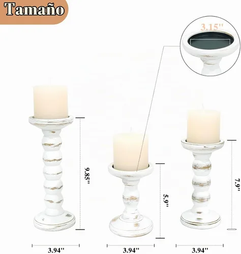 Vista 6 de Portavelas de madera, 3 piezas Portavelas rústicos blancos para velas de pilar, Portavelas decorativos de madera maciza Portavelas de madera