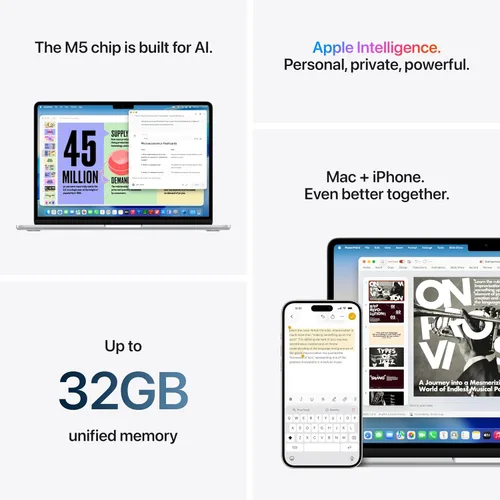 Vista 7 de Apple MacBook Air de 15 pulgadas con chip M5: memoria de 24 GB, SSD de 512 GB - Medianoche