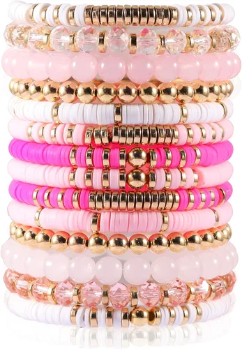 Vista 7 de 14Pcs 12Pcs Heishi Clay Bead Bracelets For Women, Boho Colorful Surfer Stackable Crystal Beads Bracelets Set Summer Beach Jewelry Negro+Blanco