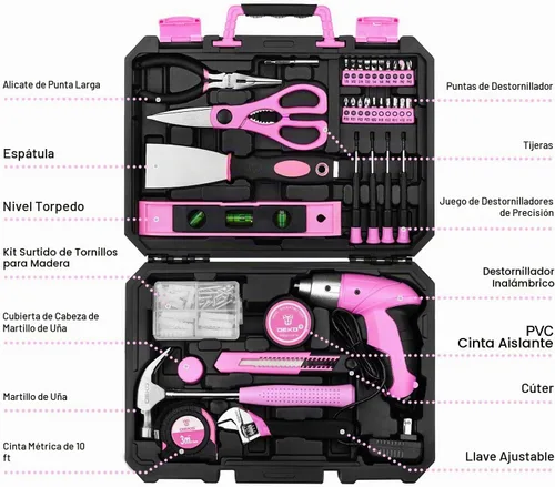 Vista 2 de DEKOPRO Juego de herramientas rosa de 98 piezas, kit de herramientas de mano para el hogar general con caja de almacenamiento de caja